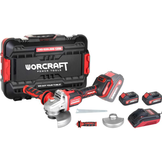 Set Worcraft CAG-S20LiBM, угловая шлифовальная машина 125 мм, ShareSYS, 2x аккумулятор на 4.0 Ач + зарядное устройство, бесщетковая, 6-ступенчатая