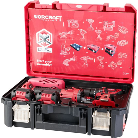 Worcraft XCUBE001 Toolbox, kruvikeeraja CHD-S20LiBA kruvikeeraja + CAG-S20LiBS-125 mm nurklihvija, harjadeta, 2x 4,0 Ah aku, 1x laadija
