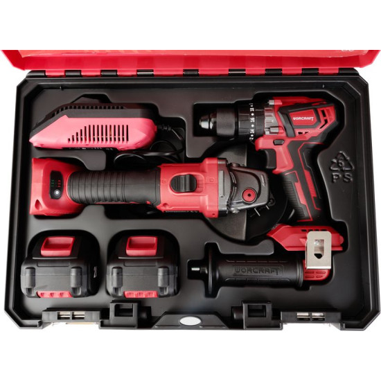 Worcraft XCUBE001 Toolbox, kruvikeeraja CHD-S20LiBA kruvikeeraja + CAG-S20LiBS-125 mm nurklihvija, harjadeta, 2x 4,0 Ah aku, 1x laadija