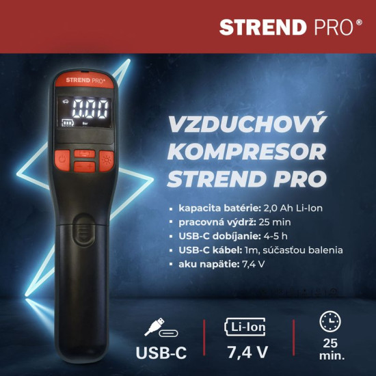 Battery handheld air compressor Strend Pro K25, 150 psi, 10 bar, LED light