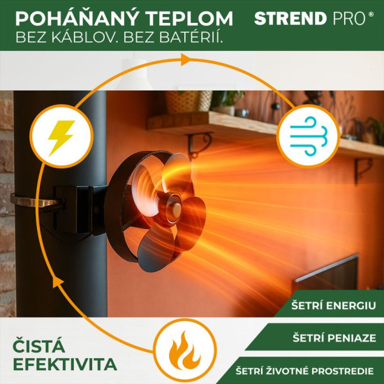 Strend Pro fan, fireplace, with flue holder and magnet, heat-driven, 4-blade, black