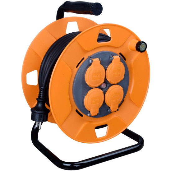 Strend Pro CR038 kaabel, pikendus, L-50 m, 4x pesa, IP44, must kumm, trumlil