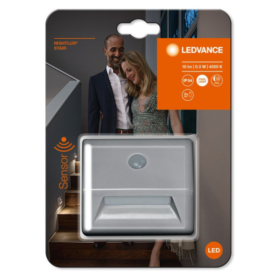 LEDVANCE NIGHTLUX® Stair Silver lamp, with motion sensor, 3xAAA, 84x28x73 mm