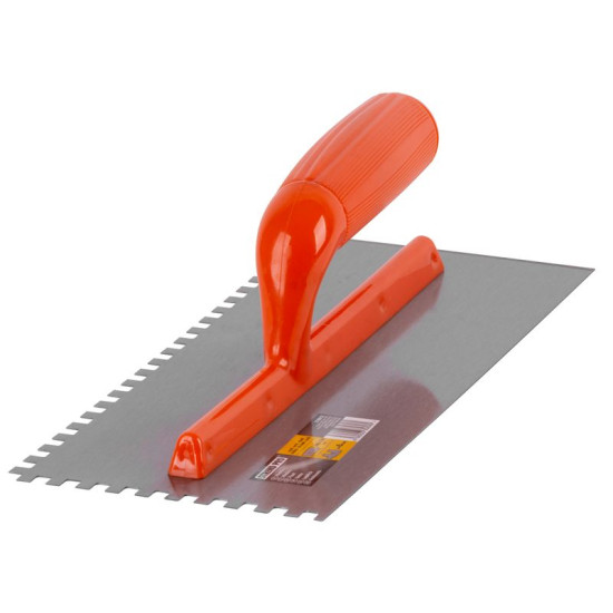 Dented steel trowel 280x130 mm Strend Pro, polished, teeth 4, PVC handle Dented steel trowel 280x130 mm Strend Pro, polished, teeth 4, PVC handle