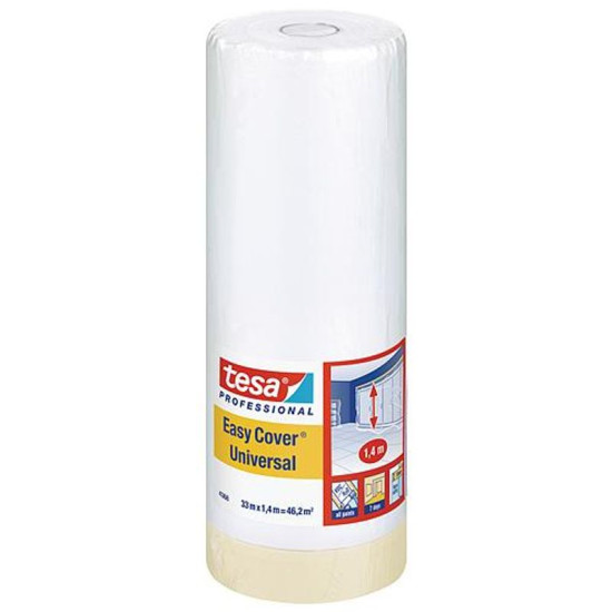 Painters covering foil tesa® Pro Easy Cover® Universal, with tape, 1400 mm, L-33 m, transparent Painters covering foil tesa® Pro Easy Cover® Universal, with tape, 1400 mm, L-33 m, transparent