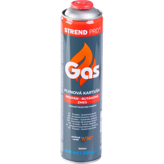Gas cartridge 600ml 338gr, propan - butan, thread 7/16"