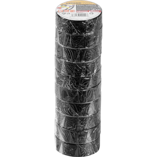 Лента Strend Pro, 19 мм, L-10 м, макс. 80°C, 600 В, черная, изоляционная, клейкая, ПВХ, упаковка 10 шт.
