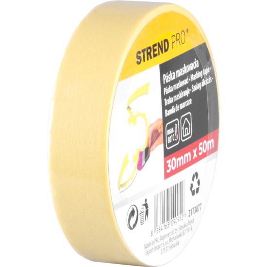 Strend Pro tape, 30 mm, L-50 m, 80°C, painting, masking, adhesive, yellow