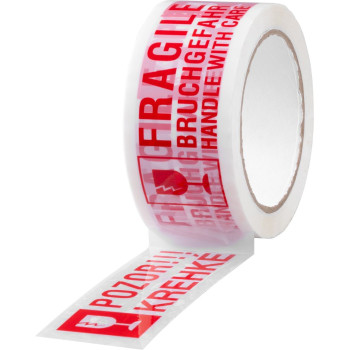 Tape Strend Pro, 50 mm, L-66 m, adhesive, warning, "WARNING FRAGILE/FRAGILE"