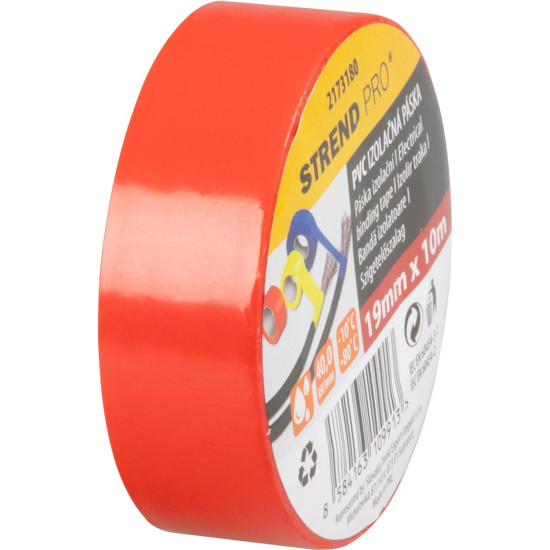 Лента Strend Pro, 19 мм, L-10 м, макс. 80°C, 600В, красная, изоляционная, клейкая, ПВХ, упаковка. 10 шт