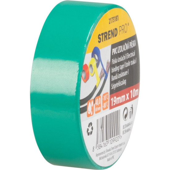 Лента Strend Pro, 19 мм, L-10 м, макс. 80°C, 600В, зеленая, изоляционная, клейкая, ПВХ, упаковка. 10 шт