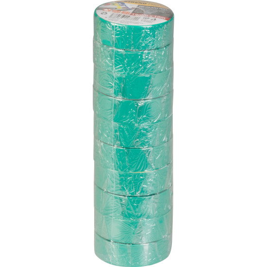 Лента Strend Pro, 19 мм, L-10 м, макс. 80°C, 600В, зеленая, изоляционная, клейкая, ПВХ, упаковка. 10 шт