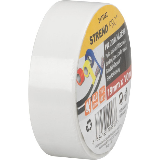 Лента Strend Pro, 19 мм, L-10 м, макс. 80°C, 600В, белая, изоляционная, клейкая, ПВХ, упаковка. 10 шт