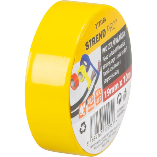 Strend Pro teip, 19 mm, L-10 m, max 80°C, 600V, kollane, isoleeriv, liim, PVC, pakend. 10 tk