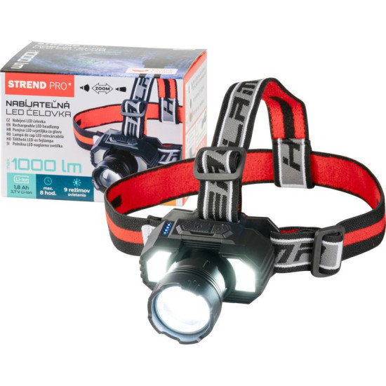 Headlamp Strend Pro Headlight XL121807, LED, 1000 lm, ZOOM, 1800 mAh, USB charging