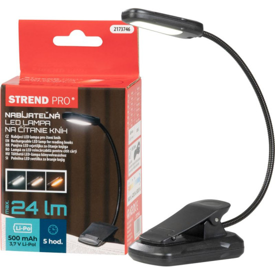 Strend Pro lamp, Raamatute lugemine, LED, USB, 24 lm, 3 värvi, hämardatav, laetav
