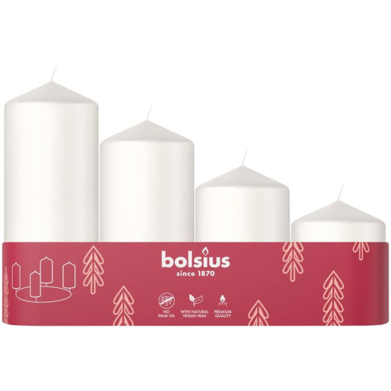 Bolsius Pillar Advendiküünlad, jõulud, valged, 60/80/100/120x48 mm, pakend. 4 tk