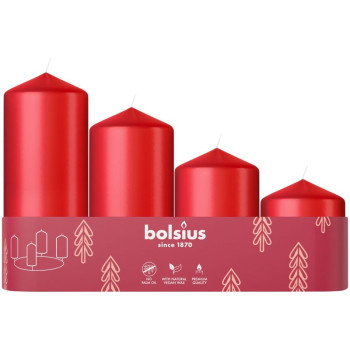 Bolsius Pillar Advendiküünlad, jõulud, punased, 60/80/100/120x48 mm, pakend. 4 tk