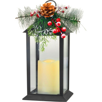 MagicHome Christmas lantern, with twig, plastic, black, 1xLED yellow, 14x14x32.2 cm, 3xAAA, movable flame