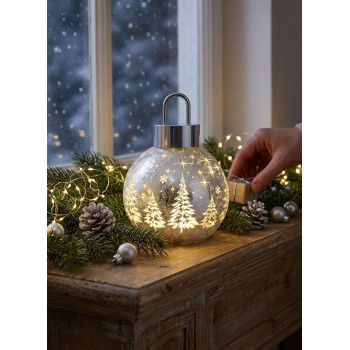 MagicHome Christmas Ball, Glass, Silver, 10xLED Warm White, 12x12x18 cm, 2xAA