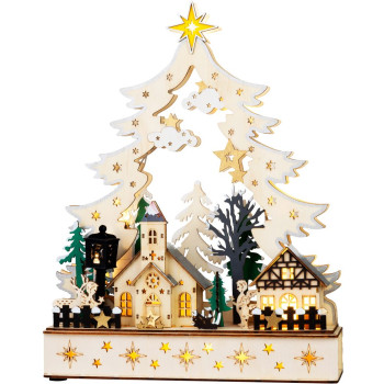 MagicHome Christmas decoration, village, wood, 12xLED warm white, 25x7.5x32 cm, 2xAA