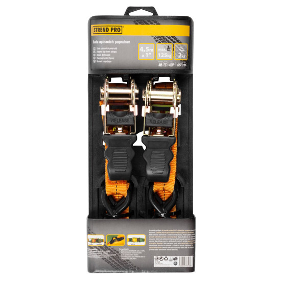 Ratchet tie down (capacity 125kg) 2pcs (width 25mm / lenght 4,5m) Ratchet tie down (capacity 125kg) 2pcs (width 25mm / lenght 4,5m)