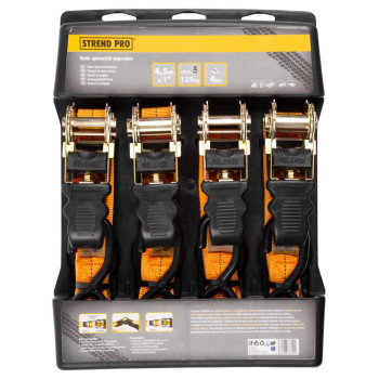 Ratchet tie down (capacity 125kg) 4pcs (width 25mm / lenght 4,5m) Ratchet tie down (capacity 125kg) 4pcs (width 25mm / lenght 4,5m)