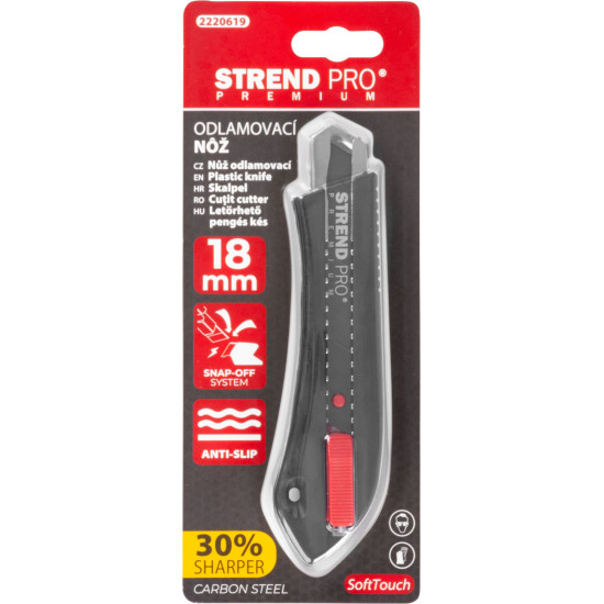 Snap-off blade knife Strend Pro Premium, BlackMatt, SoftTouch, 18 mm, break-off, black-line