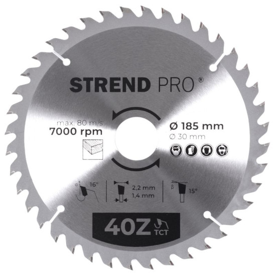 Диск циркулярный Strend рro TсT 185x2,2x30/20 мм 40T, по дереву