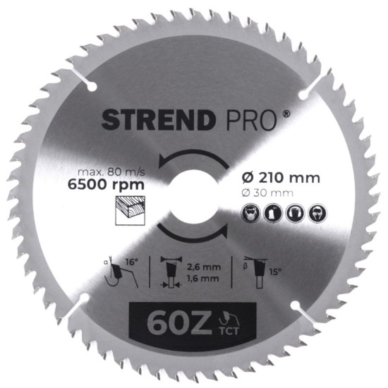 Ringketas Strend Pro TCT 210x2,6x30/20 mm 60T, puidule