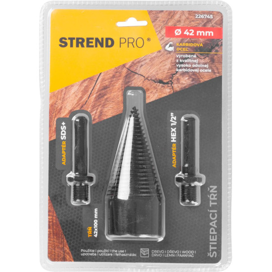 Конус для колки дров Strend Pro,  клин, конус, 42 мм, HEX 1/2" и адаптеры SDS+, для дерева