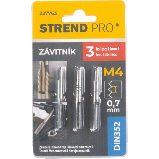 Метчик Strend Pro, M4, 0.7 мм, DIN352, шт 3 шт