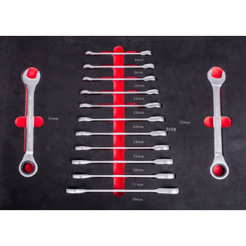 Strend Pro S239 socket, 13 workshop, ratchet eye-fork spanners, for workshop trolley