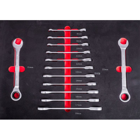 Strend Pro S239 socket, 13 workshop, ratchet eye-fork spanners, for workshop trolley