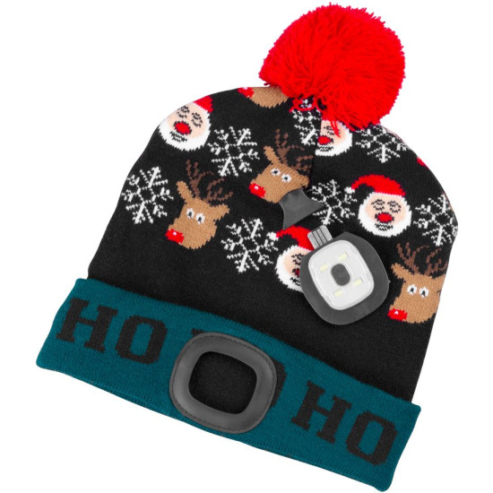 Шапка Beanie Strend Pro X-mas Ho-Ho, зелено-черная L, 4x SMD LED, зарядка через USB Шапка Beanie Strend Pro X-mas Ho-Ho, зелено-черная L, 4x SMD LED, зарядка через USB