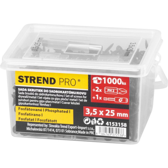 Strend Pro kruvide komplekt, kipsplaadile, 3,5x25 mm, 2x otsiku ja magnethoidikuga, 1000 tk. Strend Pro kruvide komplekt, kipsplaadile, 3,5x25 mm, 2x otsiku ja magnethoidikuga, 1000 tk.