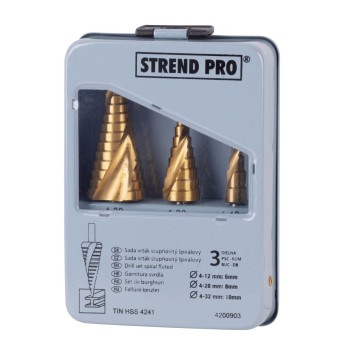 Drill set Strend Pro SS422, 4-12, 4-20, 4-32 mm, TiN, HSS 4241, stepped, spiral, for metal