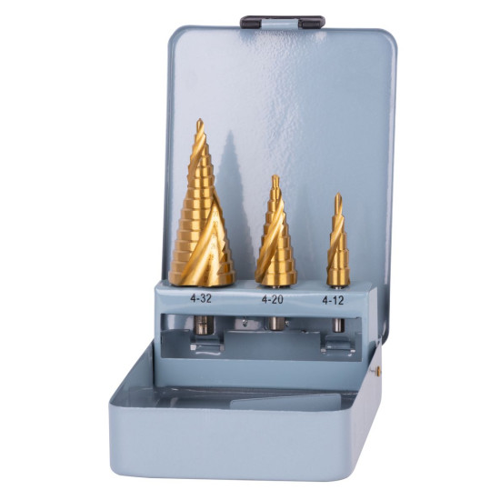 Drill set Strend Pro SS422, 4-12, 4-20, 4-32 mm, TiN, HSS 4241, stepped, spiral, for metal
