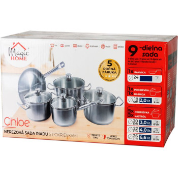 MagicHome Chloe köögitarvete komplekt, pann 24 cm, 3x kastrul (3l, 4l ja 6,6 l), pajaroog 2l, klaaskaanega, roostevaba teras, 9 tk