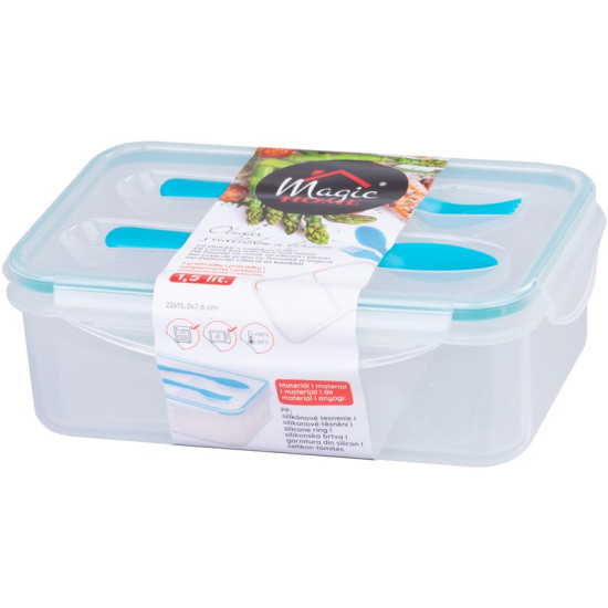 MagicHome lunch box, square, with fork and spoon, 2 compartments, 1.5 lit., 22x15.2x7.6 cm
