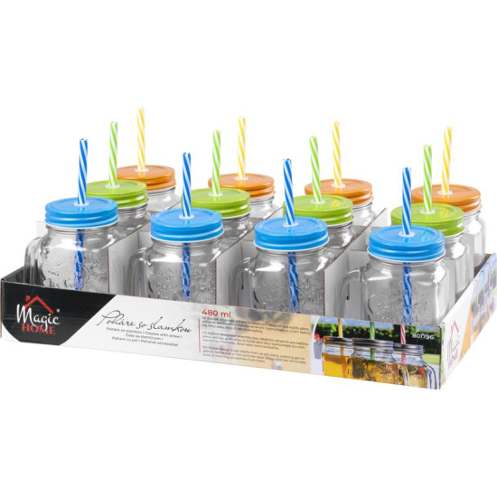MagicHome joogipudel, kõrrega, värvilise korgiga, klaas, 480 ml, pakis. 12 tk