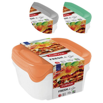 Food container Curver® Set Square, 3x0,8L, mix of colors mint/grey/peach, 15,5x15,5x11 cm