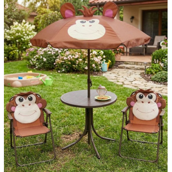 Garden set LEQ MELISENDA Mono, monkey, parasol 105 cm, table 50 cm, 2 chairs. childish
