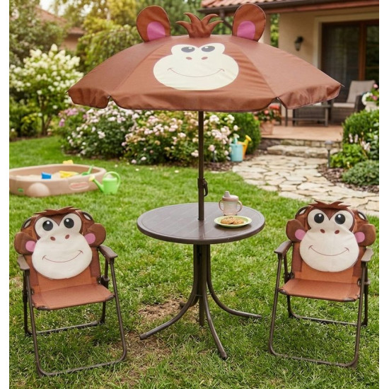 Garden set LEQ MELISENDA Mono, monkey, parasol 105 cm, table 50 cm, 2 chairs. childish Garden set LEQ MELISENDA Mono, monkey, parasol 105 cm, table 50 cm, 2 chairs. childish