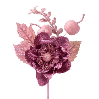 Twig MagicHome Christmas, with flower, pink, 22 cm Twig MagicHome Christmas, with flower, pink, 22 cm