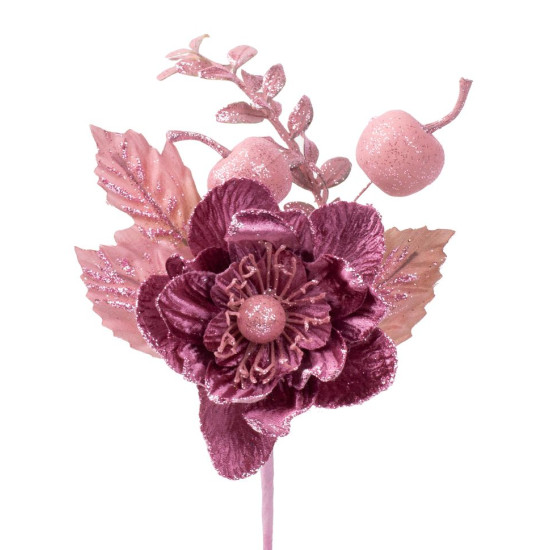 Twig MagicHome Christmas, with flower, pink, 22 cm Twig MagicHome Christmas, with flower, pink, 22 cm
