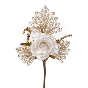 MagicHome Christmas twig, with rose, white - gold, 26 cm MagicHome Christmas twig, with rose, white - gold, 26 cm