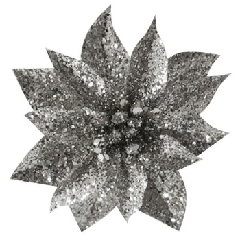 Flower MagicHome Christmas GlitterPoinsettia, with pin, silver, flower size: 9 cm, flower length: 8 cm, 6 pcs