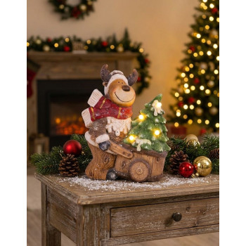 Decoration MagicHome Christmas, Reindeer with wagon, 4 LED, 3xAA, ceramics, 33,50x24x43 cm