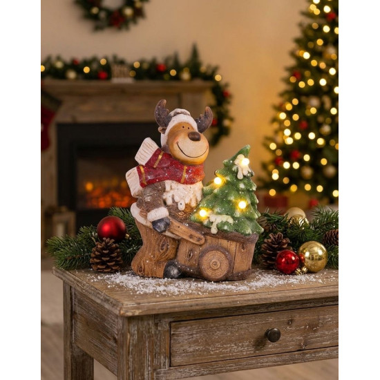 Decoration MagicHome Christmas, Reindeer with wagon, 4 LED, 3xAA, ceramics, 33,50x24x43 cm